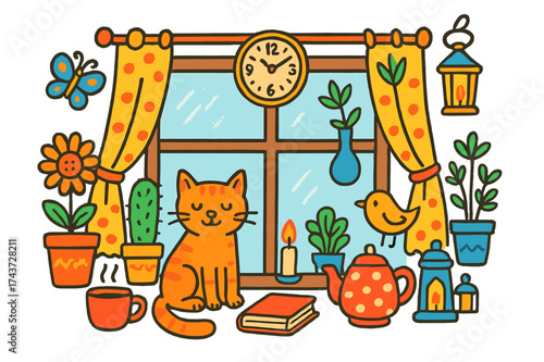 Cozy Windowsill Doodles. Window Sill. Colorful Hand-drawn doodle Children illustration Window frame, flower pot, cactus, coffee cup, candle, cat, bird,