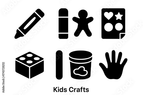 Kid's Craft Icons. Kid?s Crafts. Filled icon set of Kid?s Crafts: crayon, glue stick, paper cutout, sticker