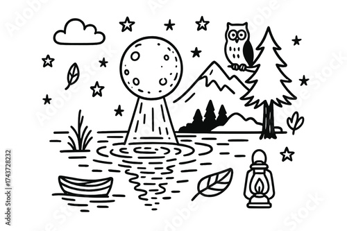 Moonlit Night Doodle. Moonlight Reflection. Hand-drawn doodle illustration moonlight reflection moon, rippling water, stars, cloud, tree silhouette, mountain