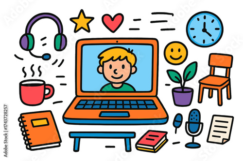 Doodle Workstation Icons. Video Call. Colorful Hand-drawn doodle Children illustration laptop, headset, microphone, coffee mug, plant, chair, clock, star,