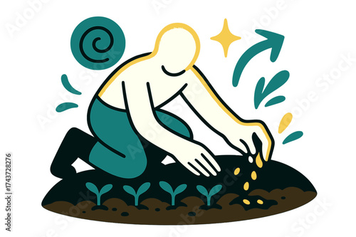 Seeds of Connection. Hands in soil. Glowing figure kneeling in garden bed, pressing seeds carefully into soil. Floating icons of swirl, sparkle, and arrow
