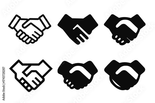 Handshake Conflict Logos. Team dynamics and conflict resolution in management. Set Logo of two shaking hands: Stylized detail, Iconic shape, Minimal outline,