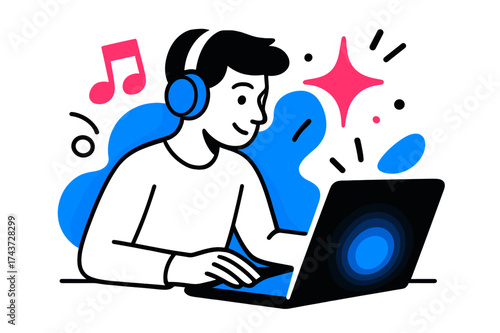 Remote Work Creativity. Creative Flow. A person working remotely with headphones on, glowing laptop in front, abstract floating spark and note icons