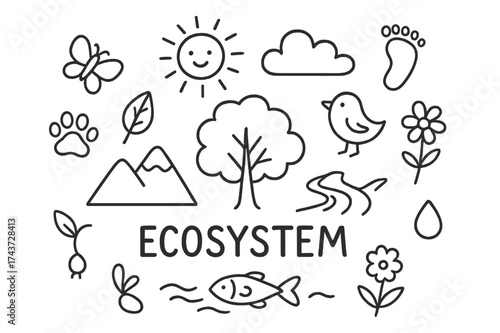 Ecosystem Doodle Art. Ecosystem. Hand-drawn doodle illustration ecosystem tree, river, fish, bird, butterfly, flower, sun, cloud, mountain, paw print, leaf,