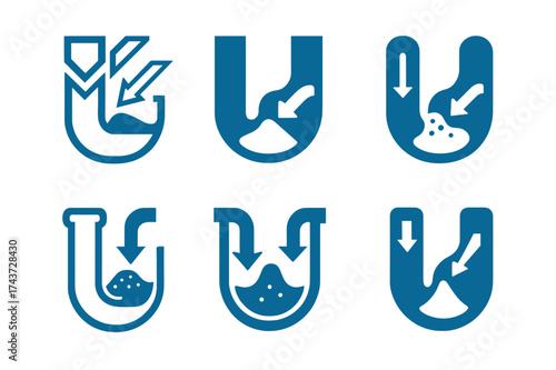 Clog Removal Logos. Drain cleaning chemicals. Set Logo of clog removal: blocked pipe with arrows pushing through. harmonious logo variations of the same