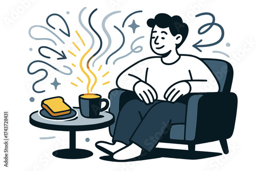 Morning Couch Vibes. Couch breakfast. Glowing coffee and toast on a small table, person sitting comfortably on couch, abstract floating light and steam lines