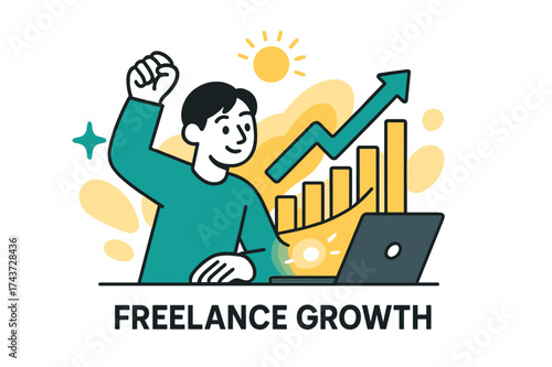 Freelance Success Graph. Freelance Growth. A glowing graph rising above laptop, abstract floating spark and arrow icons symbolizing economic increase. Modern