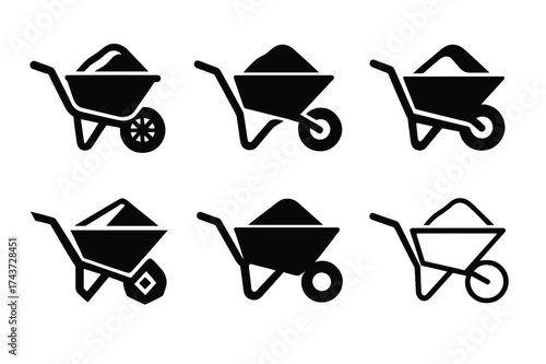 Wheelbarrow Logo Variations. Wheelbarrow with cement. Set Logo of industrial strength: bold heavy-duty barrow design. harmonious logo variations of the same