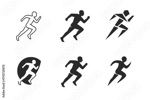 Dynamic Runner Logos. High-performance training for athletes. Set Logo of running athlete: dynamic runner silhouette in motion. harmonious logo variations of