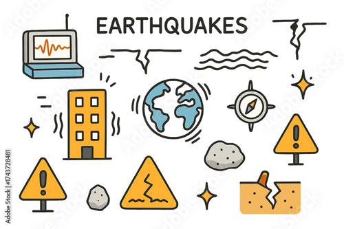 Earthquake Doodle Illustration. Earthquakes. Hand-drawn doodle illustration seismograph (colored), fault line, crack in ground (colored), building, wave lines
