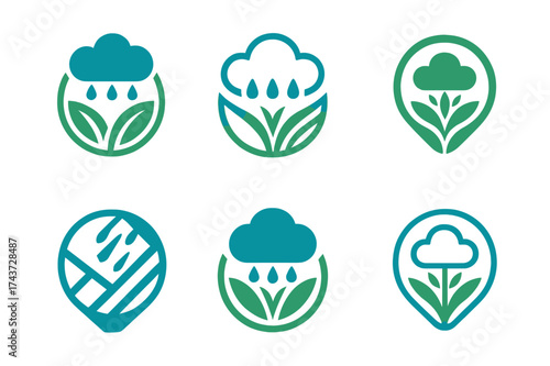 Monsoon Agriculture Emblems. Impact of monsoons on tropical agriculture. Set Logo of agricultural badge: circular emblem combining cloud, water, and crops.