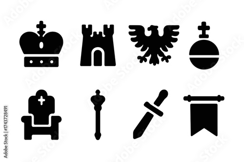 Imperial Icons Collection. Empire. Filled icon set of Empire: imperial crown, castle, eagle crest, orb, throne