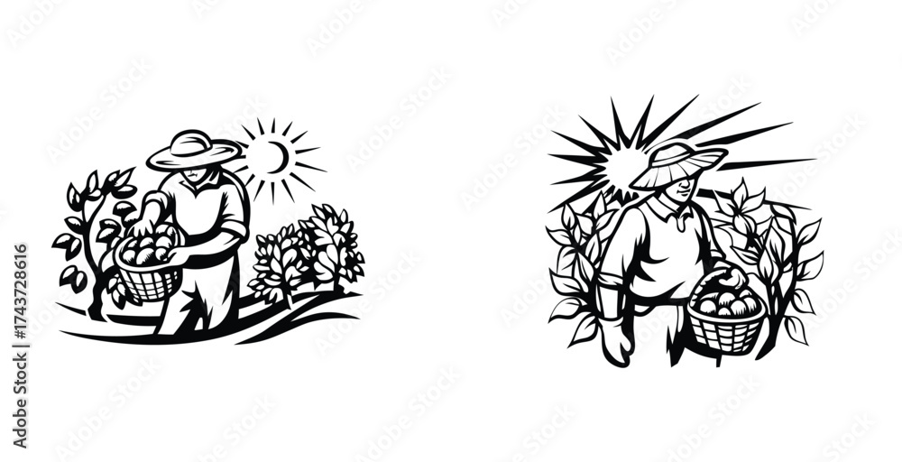 Fototapeta premium Minimalist line art sketch of a collecting vegetables black silhouette style vector art design