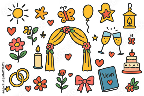 Colorful Wedding Doodles. Wedding Ceremony. Colorful Hand-drawn doodle Children illustration rings, vows book, arch, candle, flower, bow, heart, star, balloon,