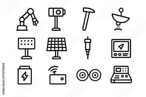 Rover Instrument Icons. Rover instruments. Line icon set of Rover instruments: robotic arm, camera, soil sampler, antenna, sensor panel, solar panel, drill,