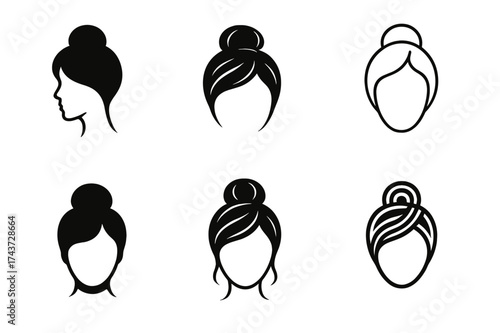 Classic Hair Logo Designs. Classic Hairstyle. Set Logo of Classic Hairstyle: hair bun. harmonious logo variations of the same emblematic concept, each with