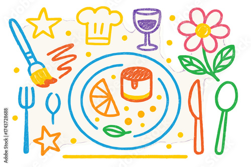 Creative Culinary Design. Creative Plating. Colorful Hand-drawn doodle Children illustration plate, sauce brush, dots, garnish leaf, flower, fork, spoon,