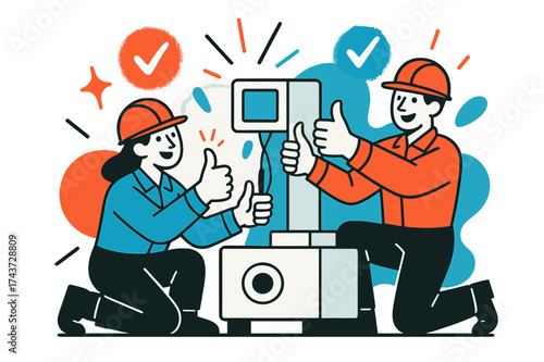 Successful Installation Celebration. Final Assembly. Two workers giving thumbs up after installing a part, abstract floating checkmarks and glowing shapes