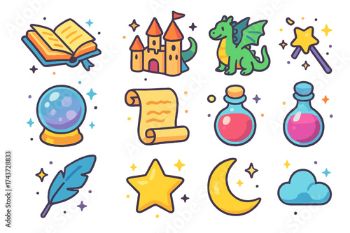 Fantasy Icon Collection. Fantasy World. Colorful isometric vector icons set of fantasy world: flying book, castle, dragon, magic wand, crystal ball, scroll,