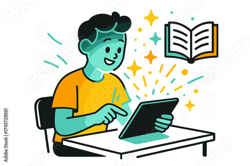 Innovative Digital Classroom. Digital Classroom. A glowing student using a tablet with abstract floating spark and book icons symbolizing blended learning.