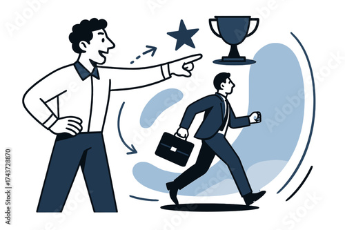 Mentor's Path to Success. Future focus. Mentor pointing forward with executive walking into glowing pathway. Floating trophy and star icons highlighting