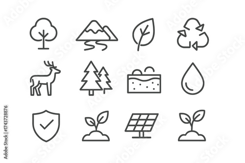 Conservation Icon Set. Land Conservation and Environmental Protection. Line icon set of Land Conservation and Environmental Protection: tree, mountain, river,