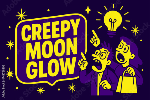Creepy Moon Glow. Creepy Moon Glow banner, flat vector illustration, bold oversized text inside sticker outline, cartoon characters shouting and pointing,