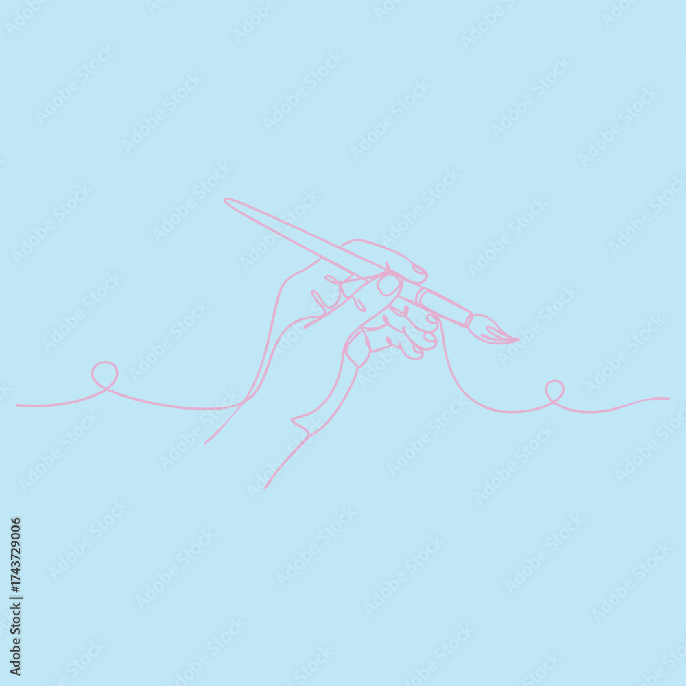 Obraz premium Minimalist line drawing of a hand holding a paintbrush with a flowing line on a soft blue