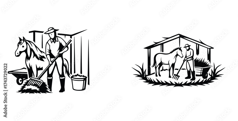 Fototapeta premium Minimalist line art sketch of a horse stable worker caring for a horse black silhouette style vector art design