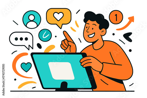 Digital Community Engagement. Community engagement. A glowing screen with comments, likes, and follower icons