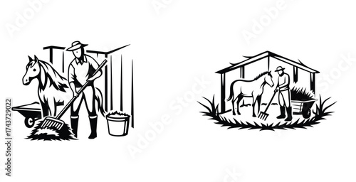 Minimalist line art sketch of a horse stable worker caring for a horse black silhouette style vector art design