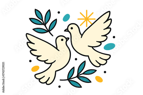Glowing Doves Ascend. Peaceful Doves. Two glowing doves flying upward together, abstract floating olive branches and spark-like shapes surrounding them. Modern