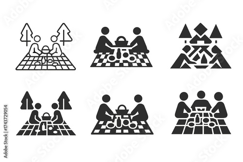 Picnic Emblem Variations. A group of friends having a picnic in a park, enjoying nature and food. Set Logo of picnic blanket: group sitting around food on