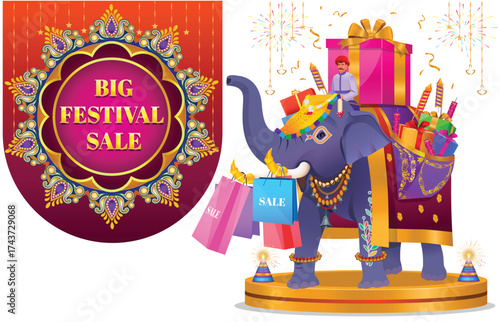 Elephant Carrying Big Festival Gifts Box and Products, Big Indian Festival Sale and Celebration Illustration, 