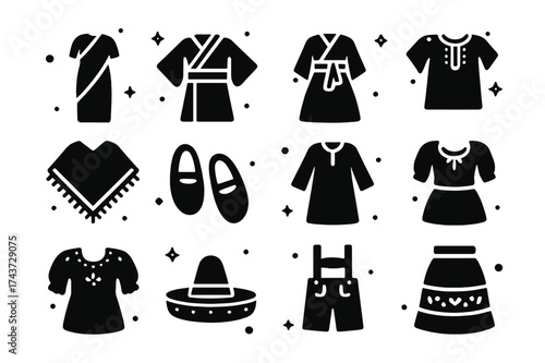 Cultural Outfit Icons. Cultural outfits. Solid icons set of Cultural outfits: sari, kimono, hanbok, dashiki, poncho, moccasins, kaftan, turban, embroidered