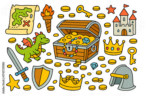 Whimsical Treasure Icons. Treasure. Colorful Hand-drawn doodle Children illustration Treasure chest, gold coins, crown, jewels, dragon, sword, shield, map,