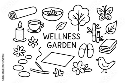 Wellness Garden Icons. Wellness Garden. Hand-drawn doodle illustration Wellness Garden yoga mat, water bowl, lotus, leaf, tree, butterfly, candle, tea cup,