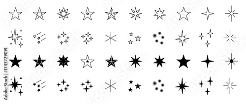 Celestial stars and sparkles icons collection set, including shooting star, comet, twinkle, glitter, galaxy, space, shiny symbols, vector illustration