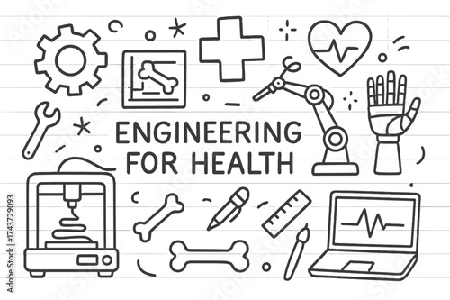 Health Engineering Doodles. Engineering for health. Hand-drawn doodle illustration engineering for health gear, 3D printer, prosthetic hand, robotic arm,