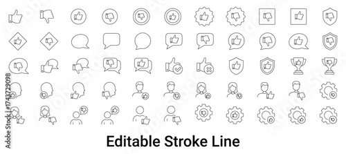 Feedback and review icons set, including like, dislike, thumb up, speech bubble, user, rating, trophy, social media symbols, fill vector illustration