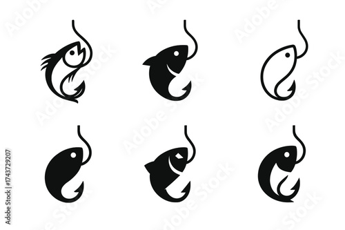 Fish Logo Variations. Fishing at the lake. Set Logo of fish catch: stylized fish hooked on a line. harmonious logo variations of the same emblematic concept,