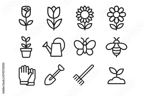 Flower Garden Icon Set. Flower garden. Line outline icon set of flower garden: rose, tulip, sunflower, daisy,