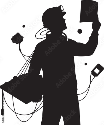 Silhouette of a person wearing virtual reality goggles holding a tablet device with wires connected to technology