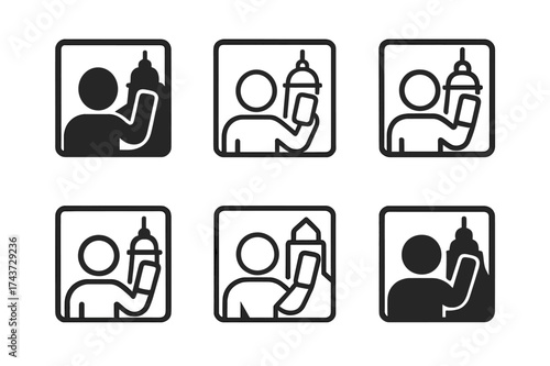 Travel Selfie Logos. Taking travel selfies. Set Logo of photo frame: square with person and background landmark. harmonious logo variations of the same