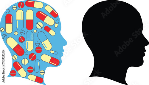 Pharmaceuticals and mental health concept with pills in head editable