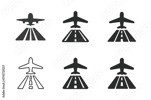 Airport Logo Variations. Infrastructure development in emerging markets. Set Logo of airport: airplane above runway infrastructure. harmonious logo variations