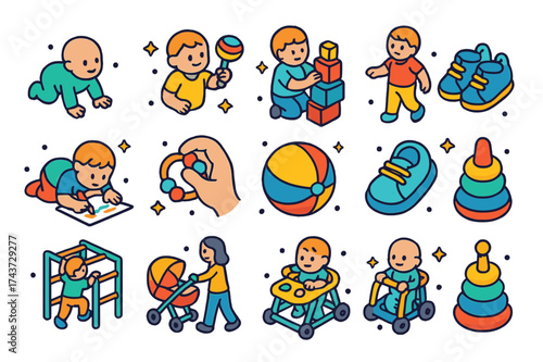 Colorful Motor Skills Icons. Motor skills. Colorful isometric vector icons set of motor skills: crawling baby, baby holding rattle, stacking blocks, walking