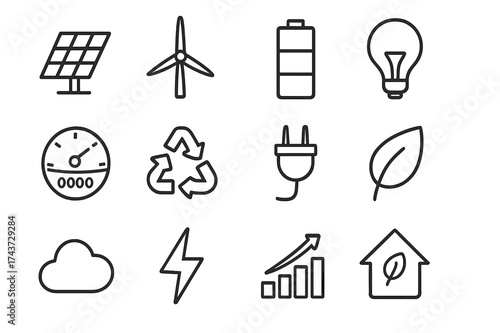 Energy Efficiency Icons. Energy efficiency. Line outline icon set of energy efficiency: solar panel, wind