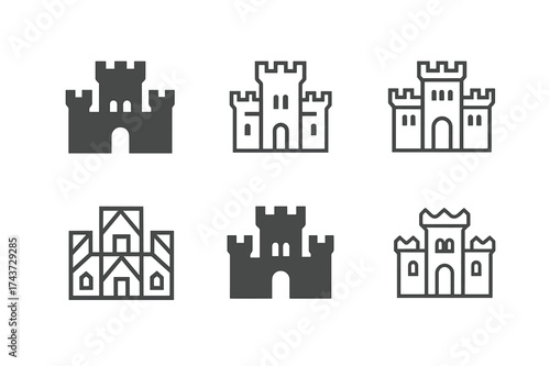 Elegant Palace Logos. Royal palaces. Set Logo of Architecture: castle-like palace icon. harmonious logo variations of the same emblematic concept, each with