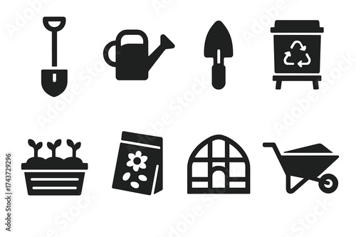 Urban Agriculture Icons. Urban agriculture tools. Filled icon set of Urban agriculture tools: shovel, watering